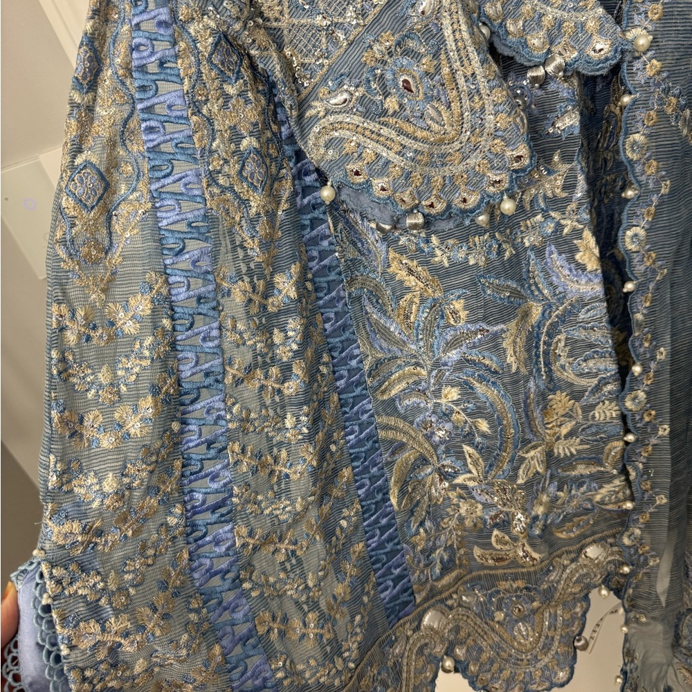 Luxury Blue Net Embroidered Kameez Set ( 4 piece ) - Picture 7 of 7
